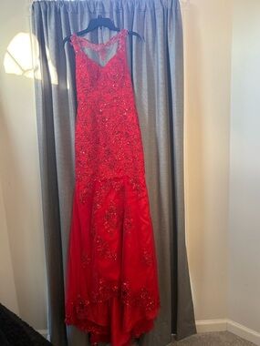 Red Embellished Prom Gown - Women's Formal Dress